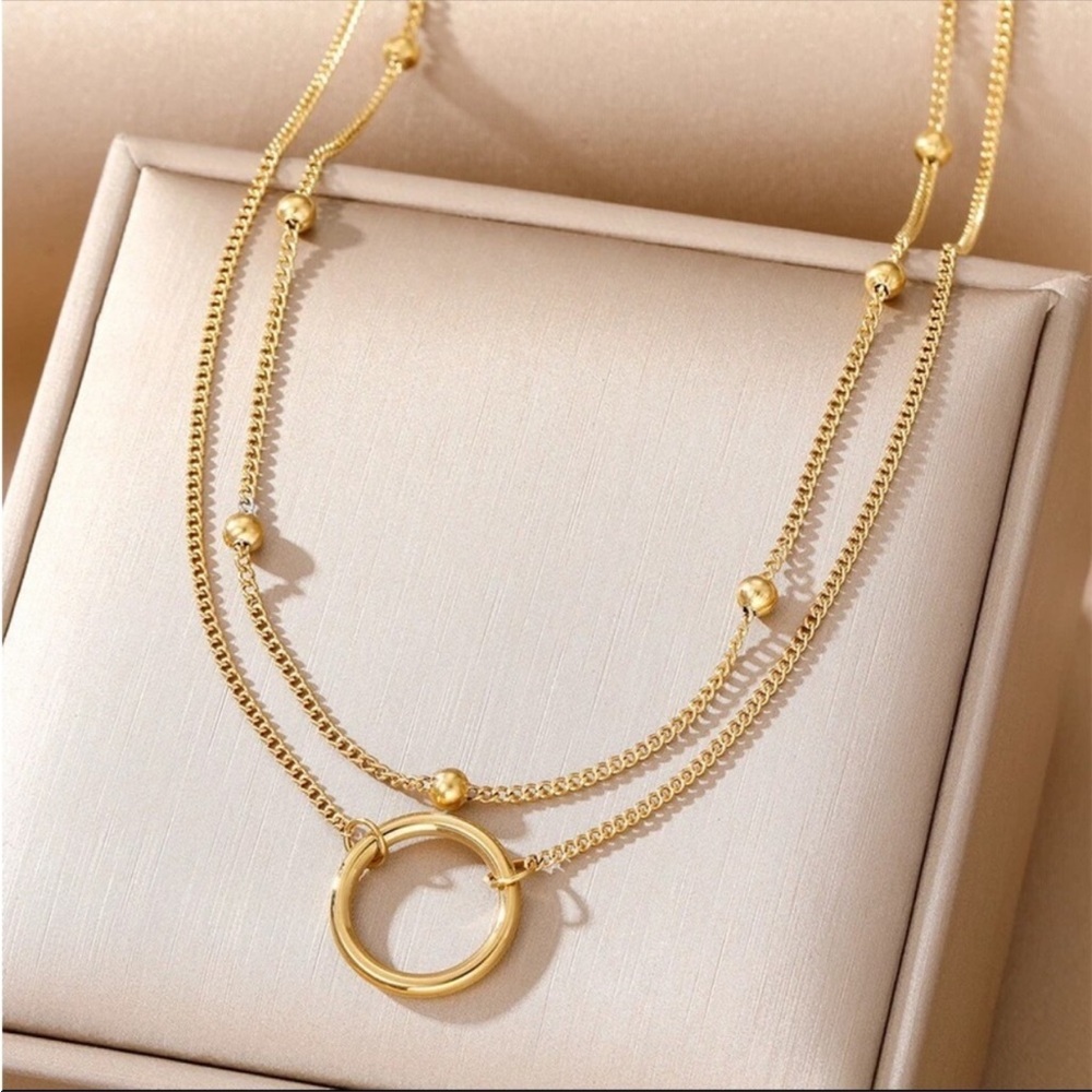 ◾️18k Gold Plated Double Layer Bead Circle Pendant Chain Choker Necklace